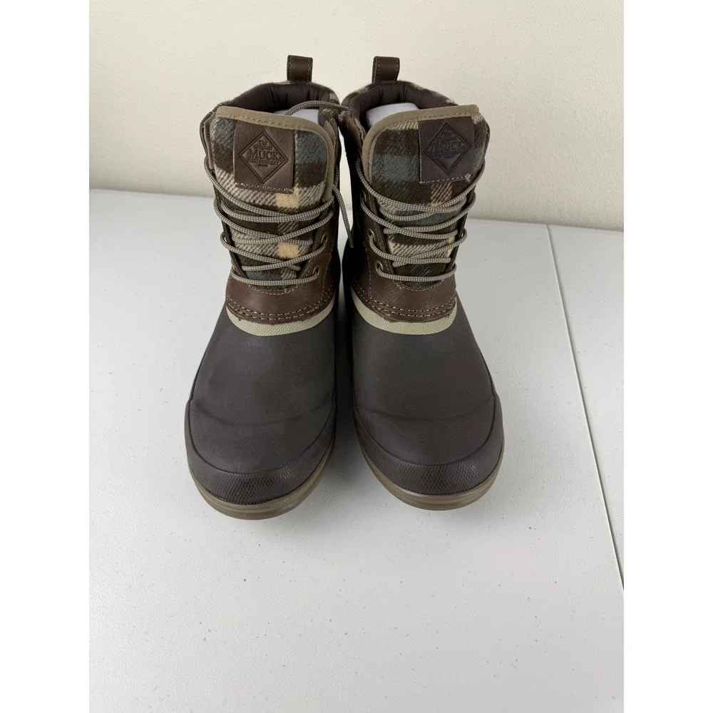 Muck Womens 11 Originals Leather Duck Lace Boot Walnut Brown Waterproof Plaid